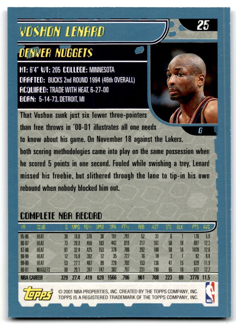 2001-02 Topps. Voshon Lenard Basketball Cards #25