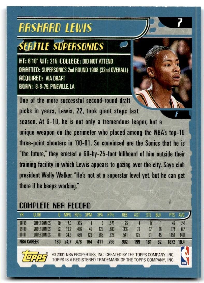 2001-02 Topps. Rashard Lewis A Basketball Cards #7
