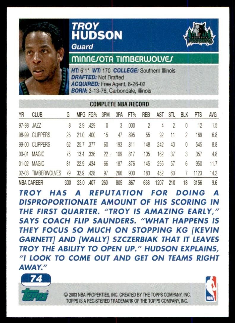 2003-04 Topps Troy Hudson Minnesota Timberwolves #74