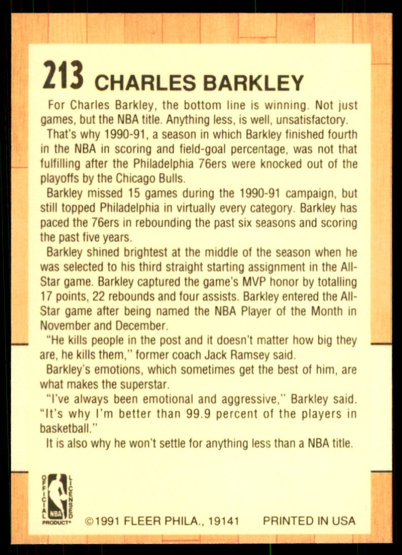 1991-92 Fleer Charles Barkley Basketball Cards #213