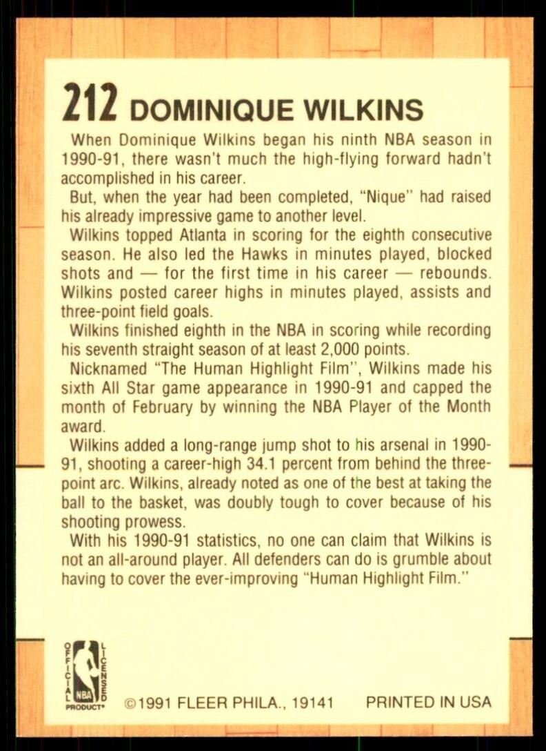 1991-92 Fleer Dominique Wilkins Basketball Cards #212