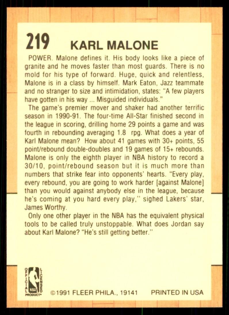 1991-92 Fleer Karl Malone Basketball Cards #219