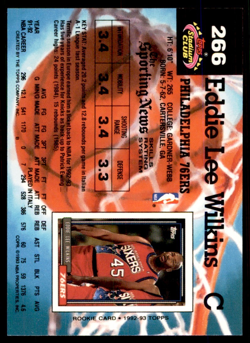 1992-93 Stadium Club Eddie Lee Wilkins Philadelphia 76ers #266