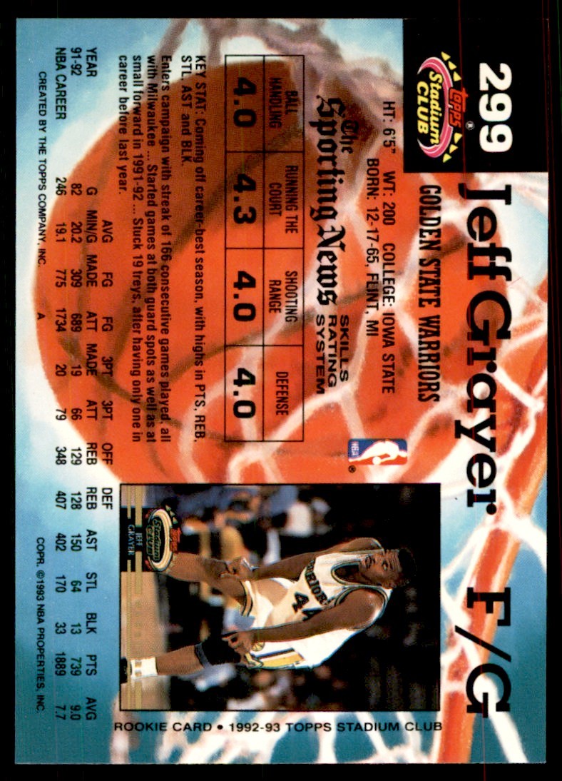 1992-93 Stadium Club Jeff Grayer Golden State Warriors #299