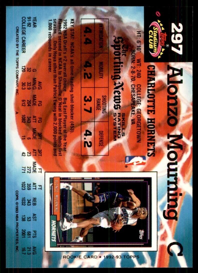 1992-93 Stadium Club Alonzo Mourning Basketball Cards #297