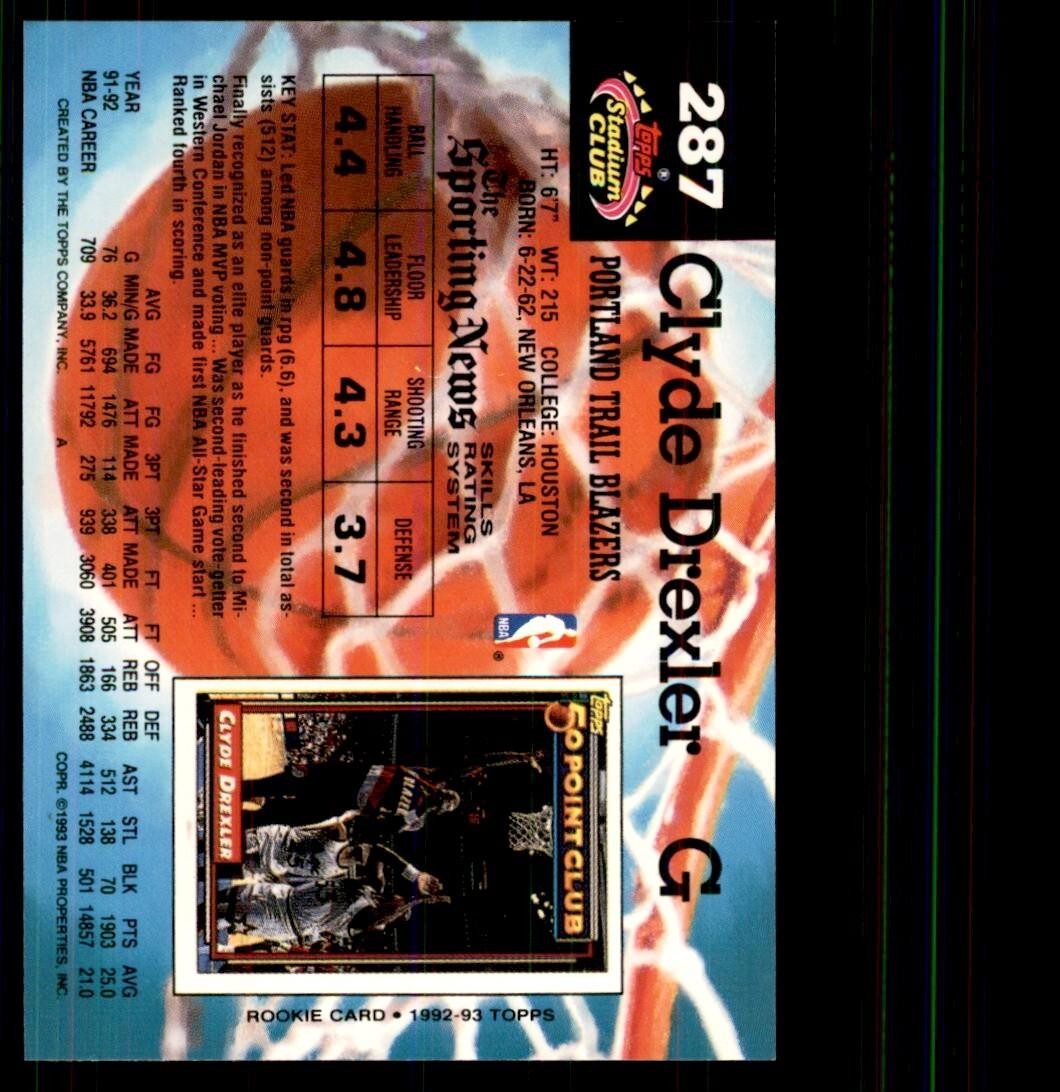 1992-93 Stadium Club Clyde Drexler Basketball Cards #287