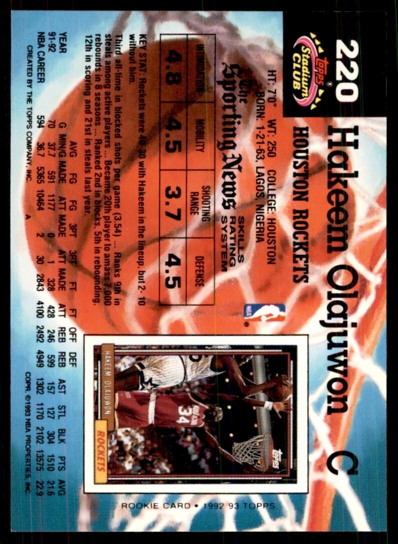 1992-93 Stadium Club Hakeem Olajuwon Basketball Cards #220
