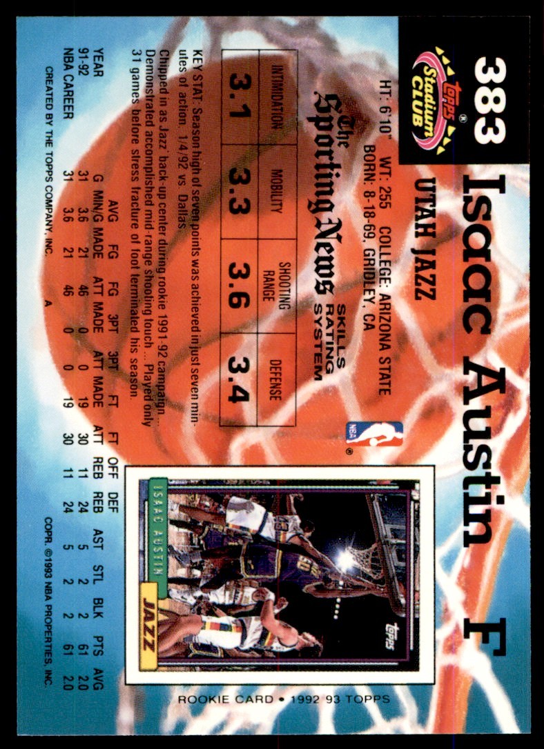 1992-93 Stadium Club Isaac Austin Utah Jazz #383