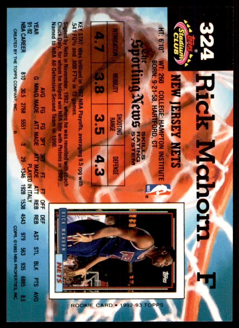 1992-93 Stadium Club Rick Mahorn New Jersey Nets #324