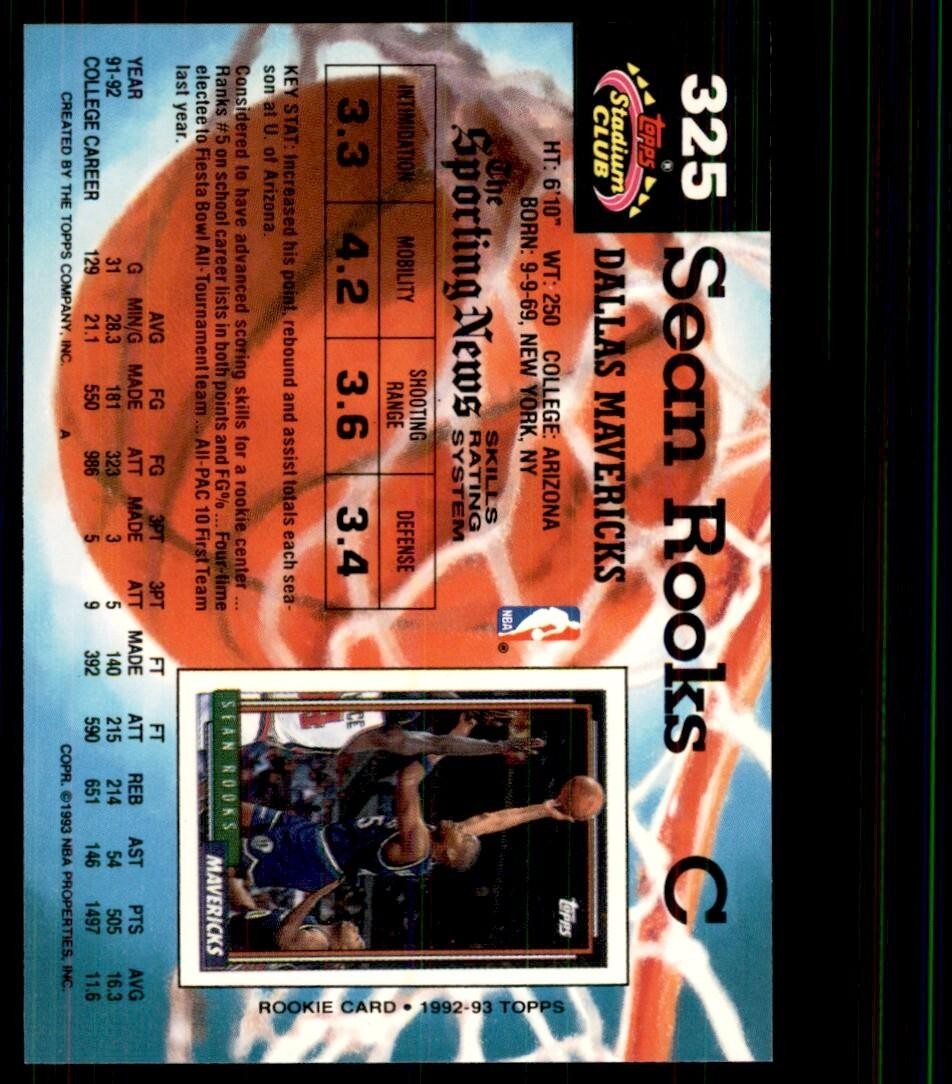 1992-93 Stadium Club Sean Rooks Basketball Cards #325