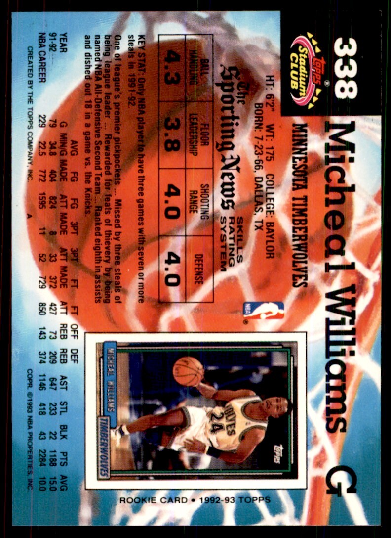 1992-93 Stadium Club Micheal Williams Basketball Cards #338