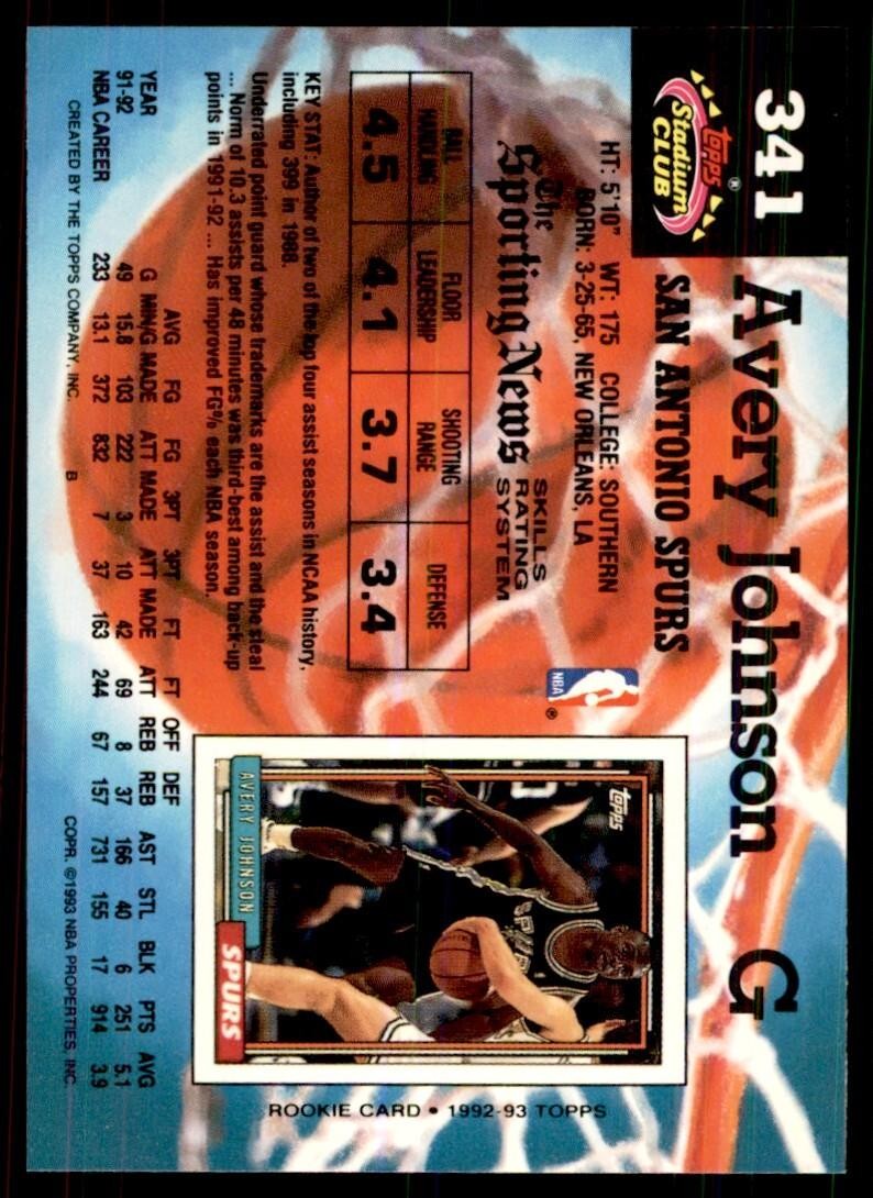 1992-93 Stadium Club Avery Johnson Basketball Cards #341