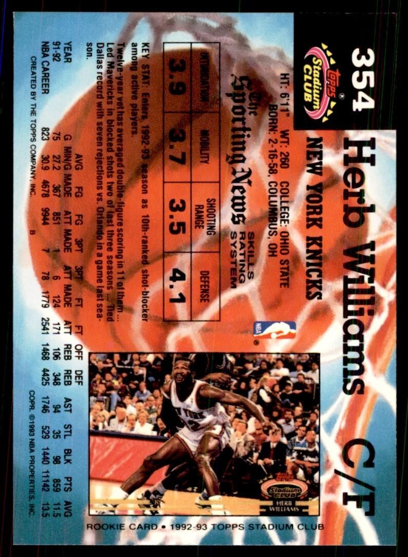 1992-93 Stadium Club Herb Williams Basketball Cards #354