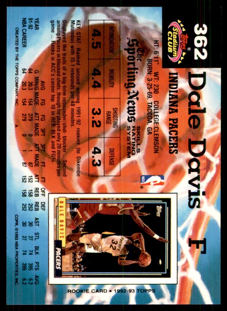 1992-93 Stadium Club Dale Davis Basketball Cards #362