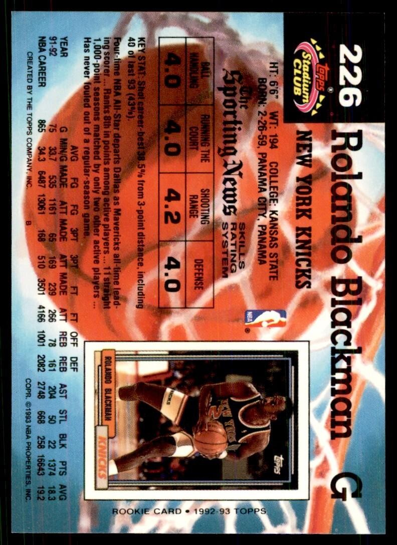 1992-93 Stadium Club Rolando Blackman Basketball Cards #226