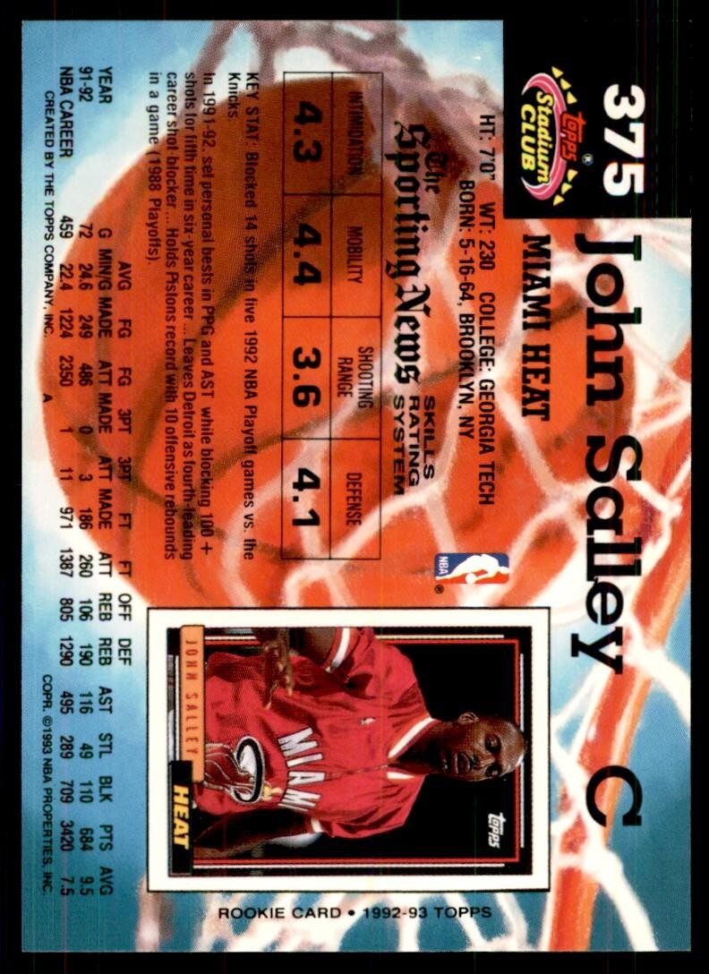 1992-93 Stadium Club John Salley Basketball Cards #375