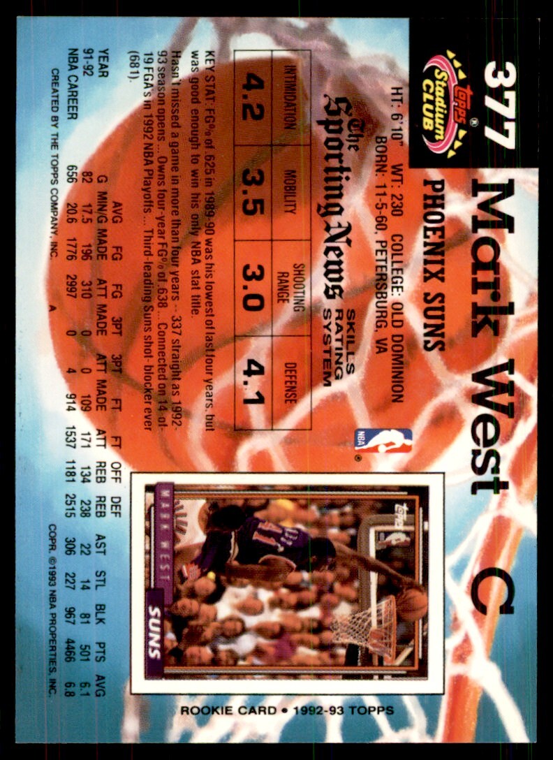 1992-93 Stadium Club Mark West Basketball Cards #377