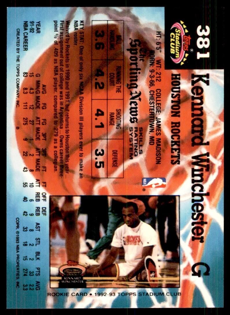 1992-93 Stadium Club Kennard Winchester Basketball Cards #381