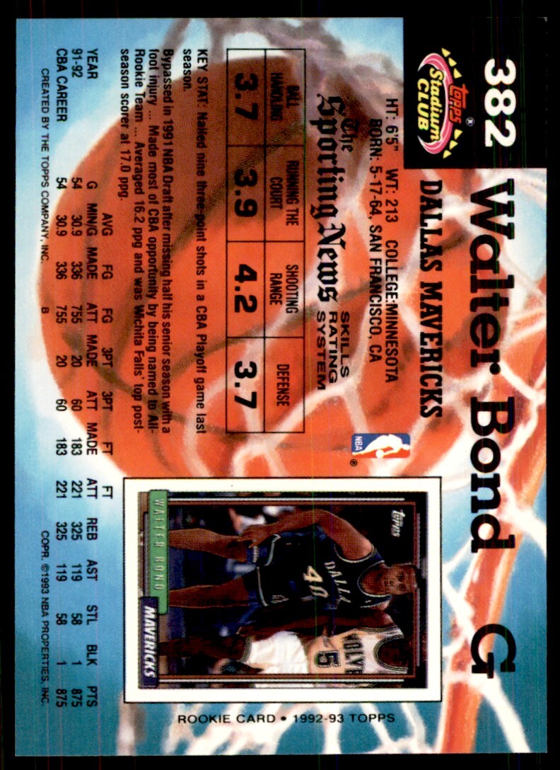 1992-93 Stadium Club Walter Bond Basketball Cards #382