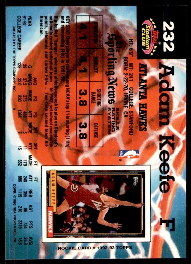 1992-93 Stadium Club Adam Keefe Basketball Cards #232