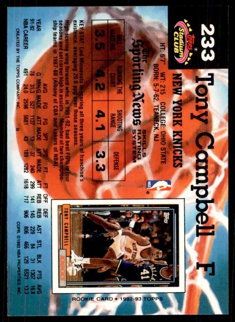 1992-93 Stadium Club Tony Campbell Basketball Cards #233