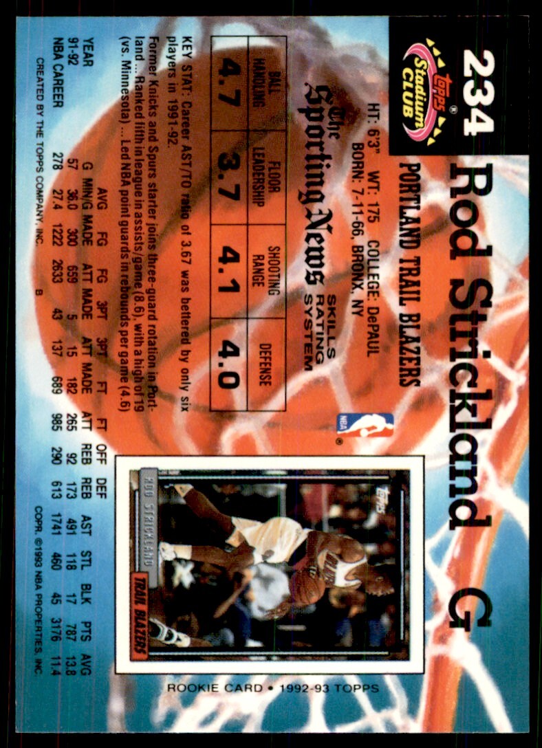 1992-93 Stadium Club Rod Strickland Basketball Cards #234