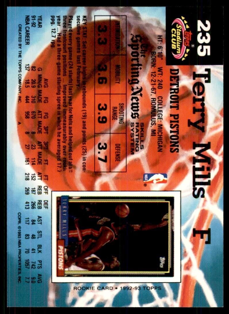 1992-93 Stadium Club Terry Mills Basketball Cards #235