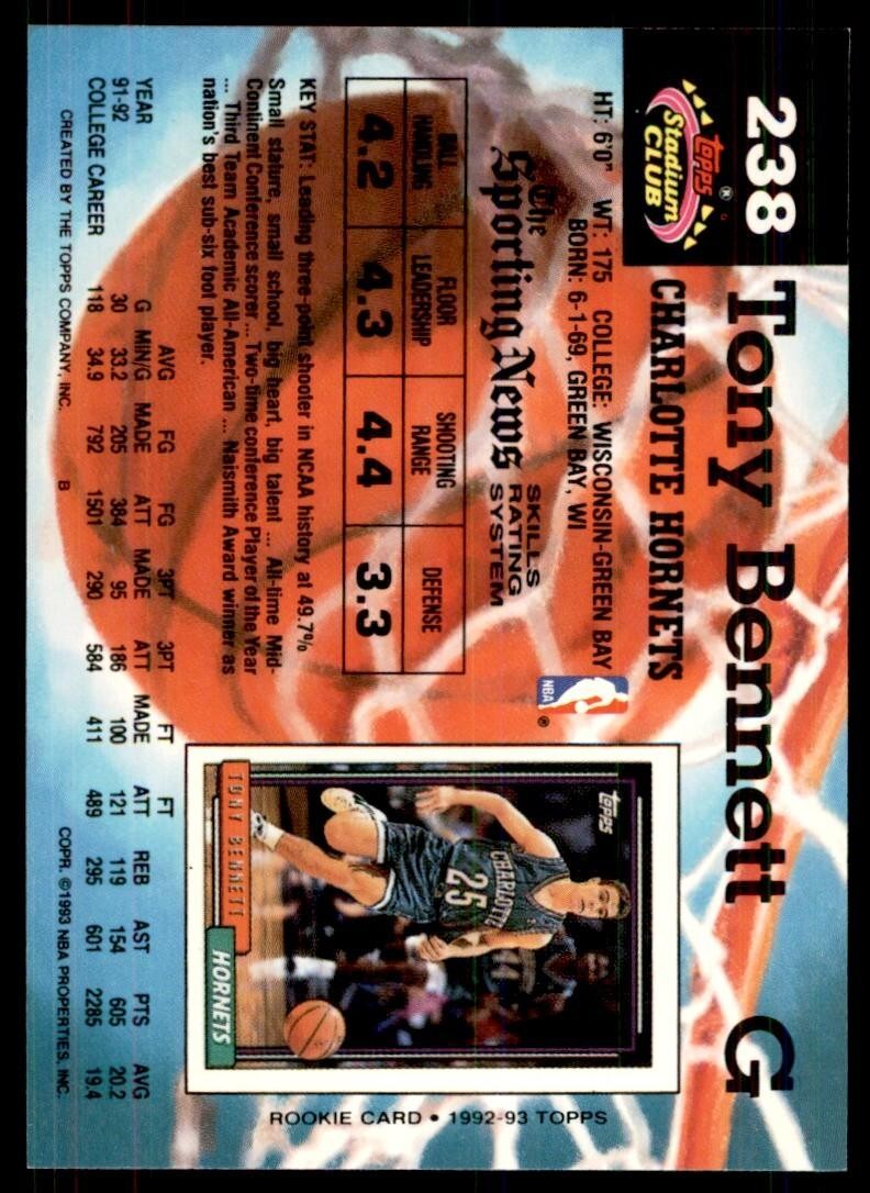 1992-93 Stadium Club Tony Bennett Basketball Cards #238