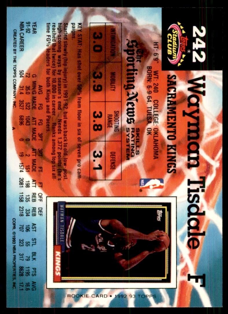 1992-93 Stadium Club Wayman Tisdale Basketball Cards #242