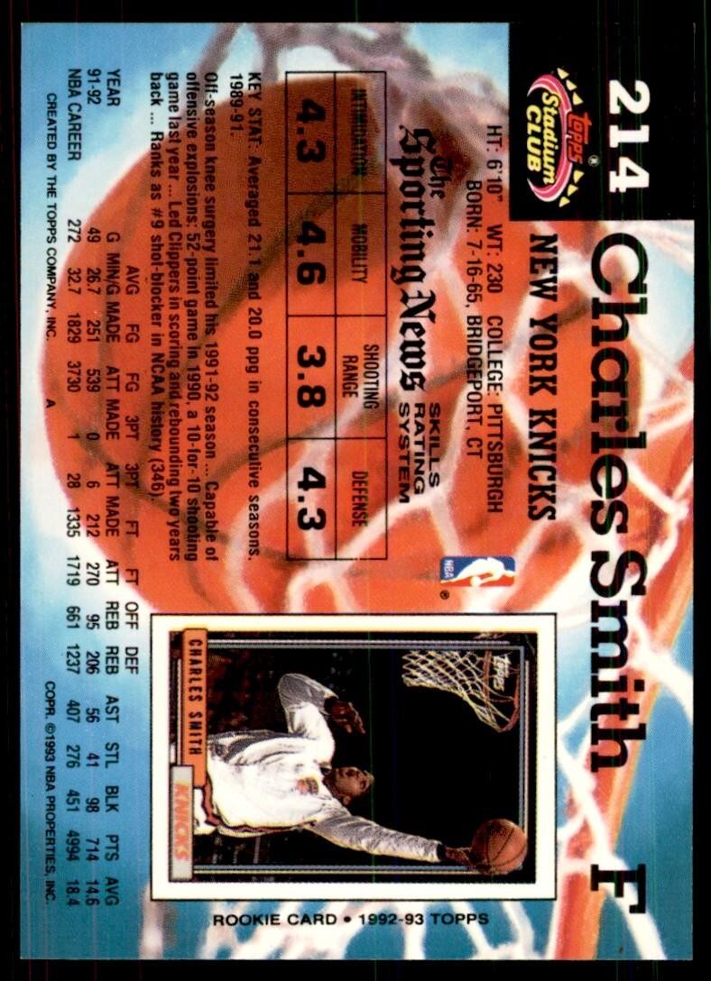 1992-93 Stadium Club Charles Smith Basketball Cards #214