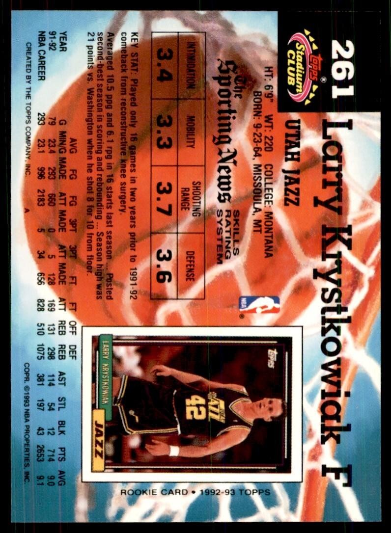 1992-93 Stadium Club Larry Krystkowiak Basketball Cards #261