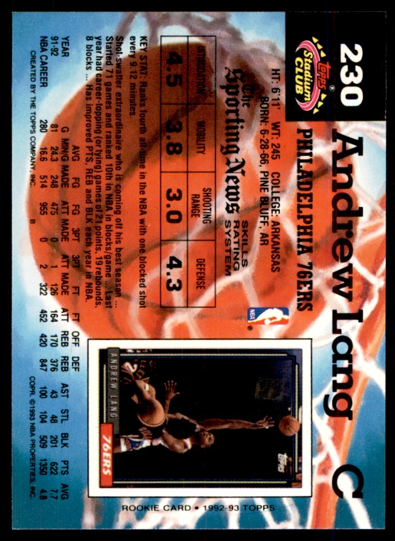 1992-93 Stadium Club Andrew Lang Philadelphia 76ers #230