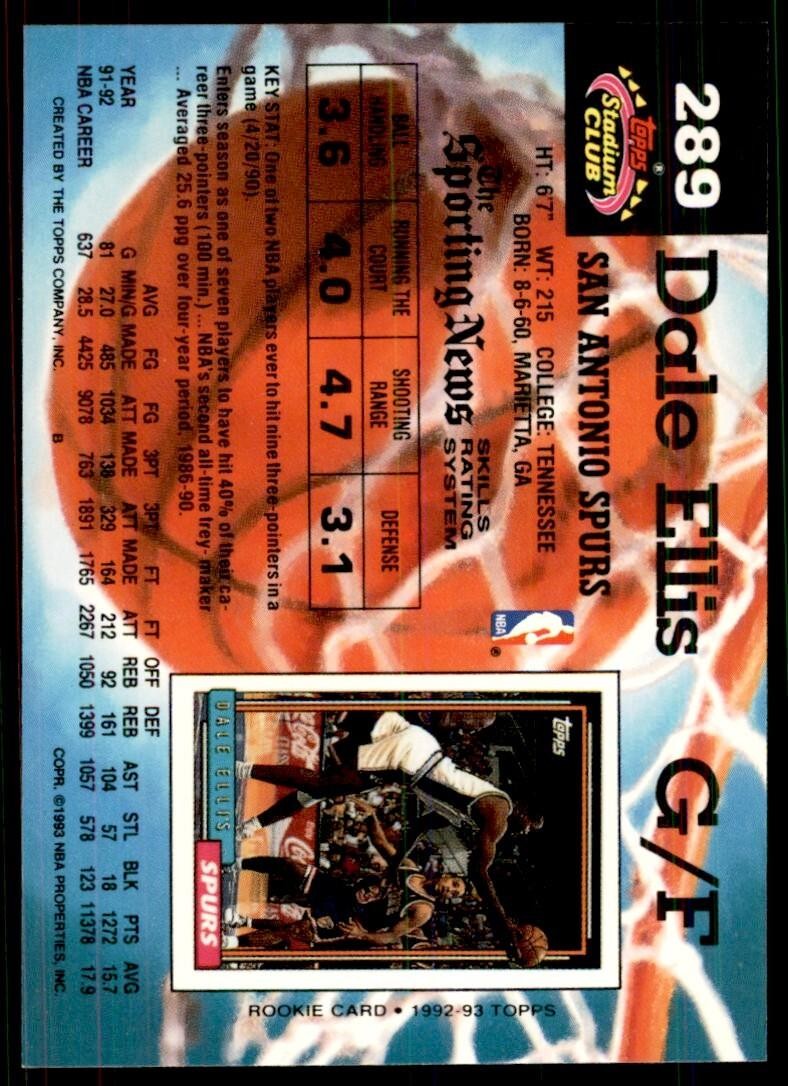 1992-93 Stadium Club Dale Ellis Basketball Cards #289