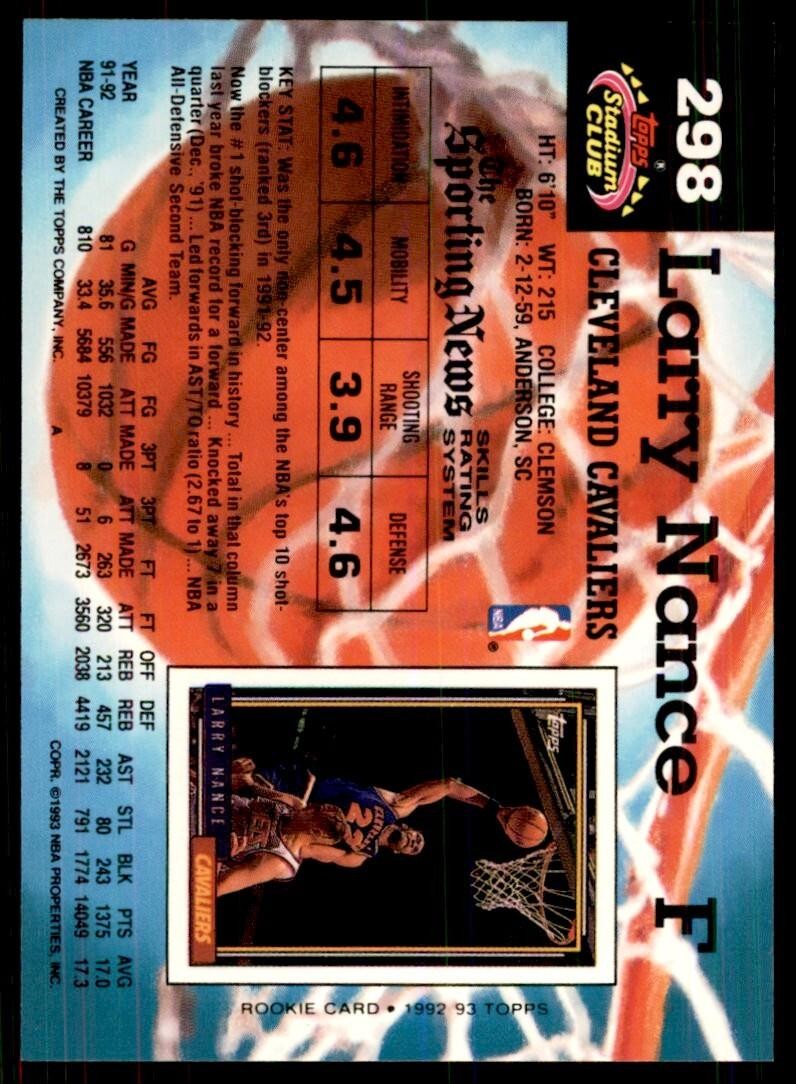 1992-93 Stadium Club Larry Nance Basketball Cards #298