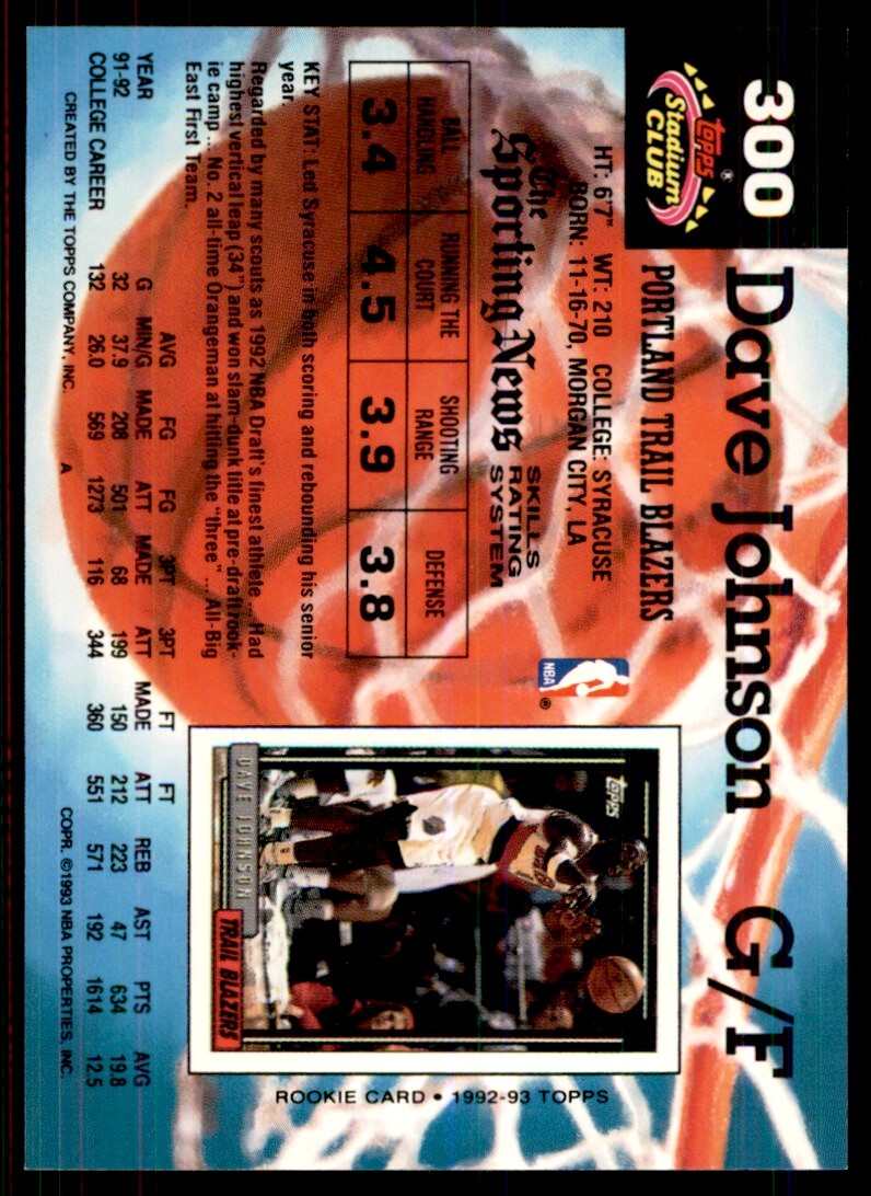 1992-93 Stadium Club Dave Johnson Basketball Cards #300