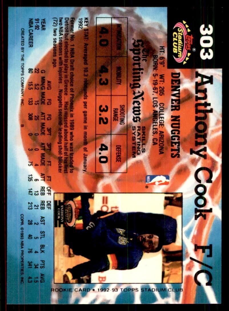 1992-93 Stadium Club Anthony Cook Basketball Cards #303