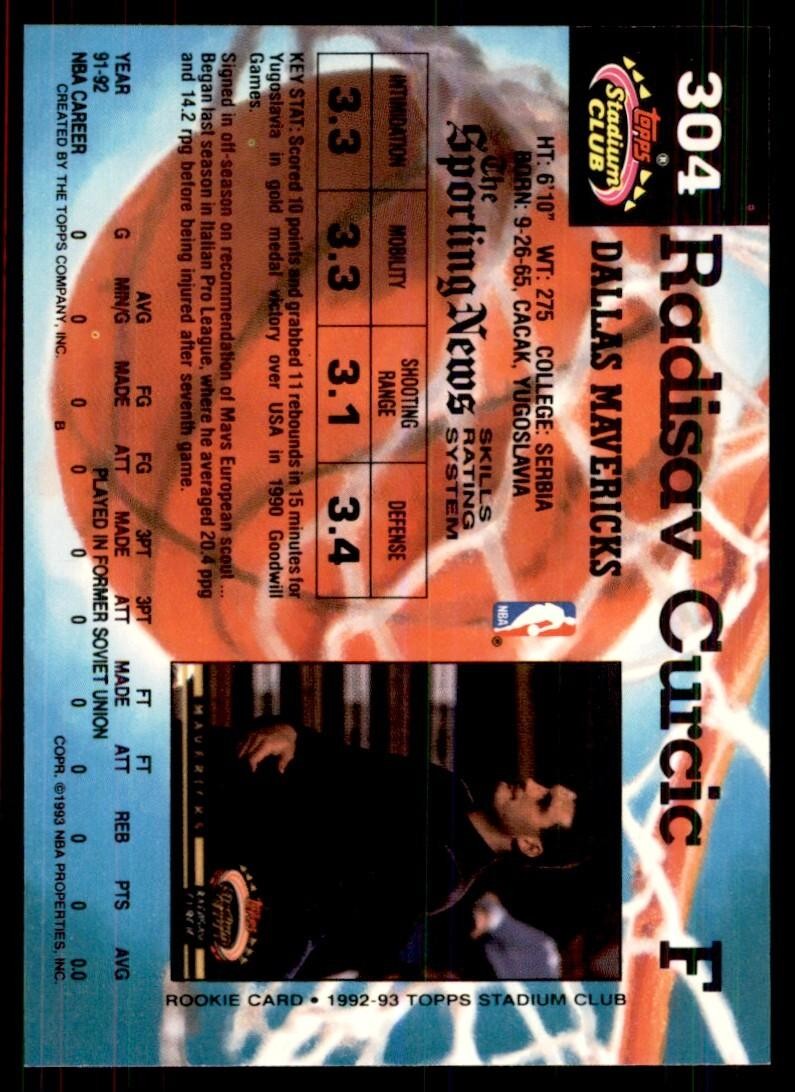 1992-93 Stadium Club Radisav Curcic Basketball Cards #304