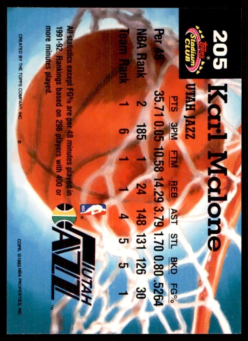 1992-93 Stadium Club Karl Malone Utah Jazz #205