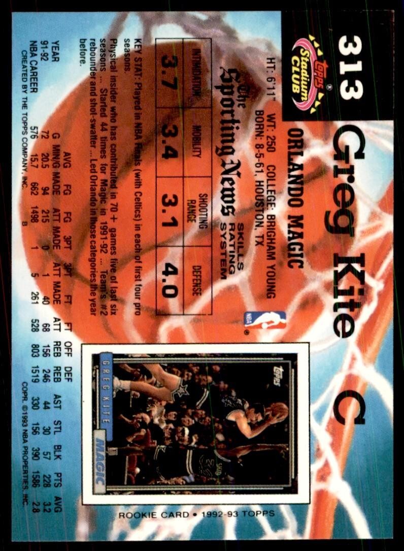 1992-93 Stadium Club Greg Kite Basketball Cards #313