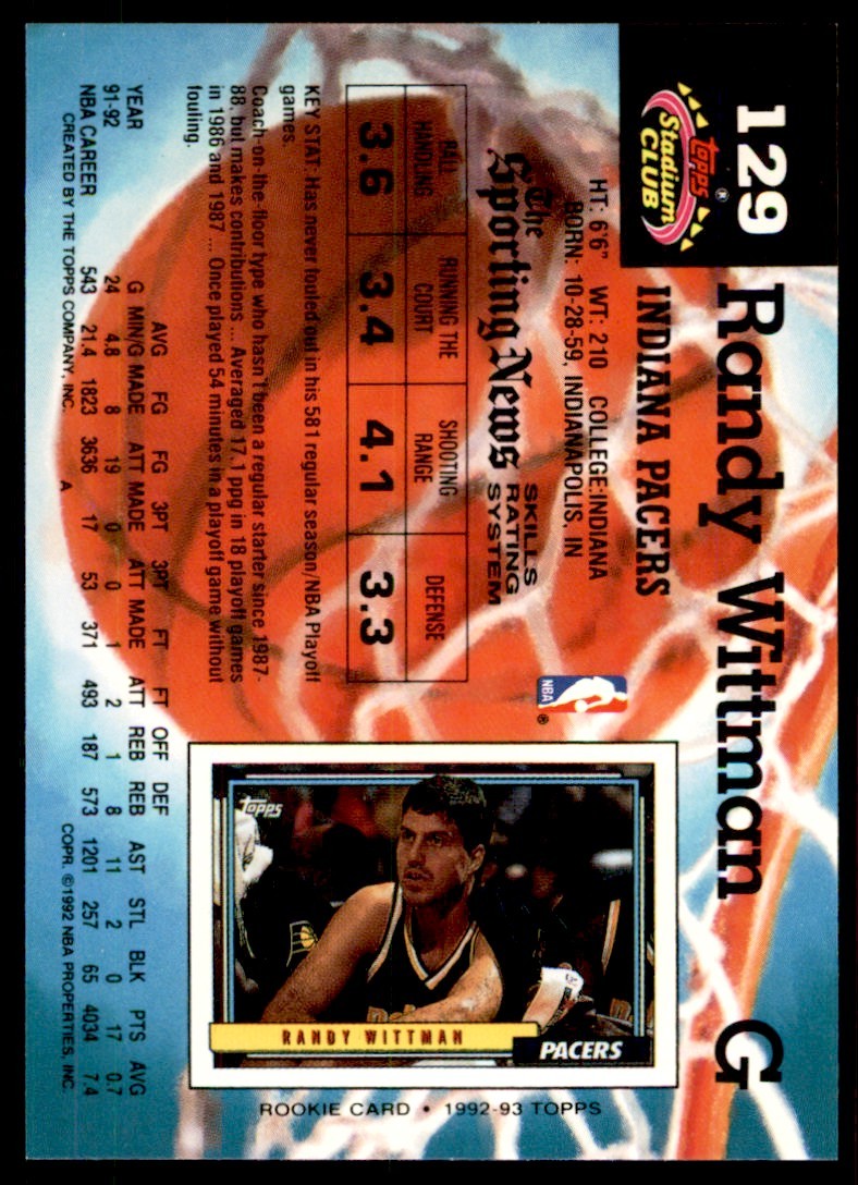 1992-93 Stadium Club Randy Wittman Indiana Pacers #129