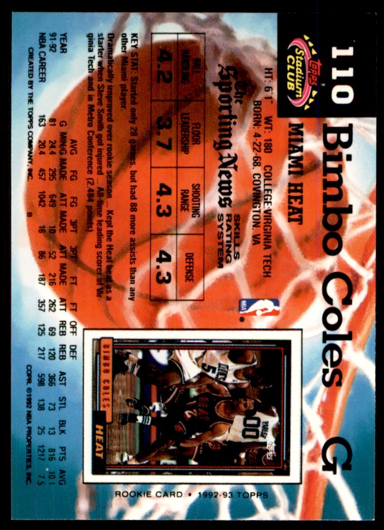 1992-93 Stadium Club Bimbo Coles Miami Heat #110