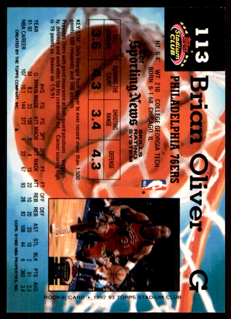 1992-93 Stadium Club Brian Oliver Philadelphia 76ers #113