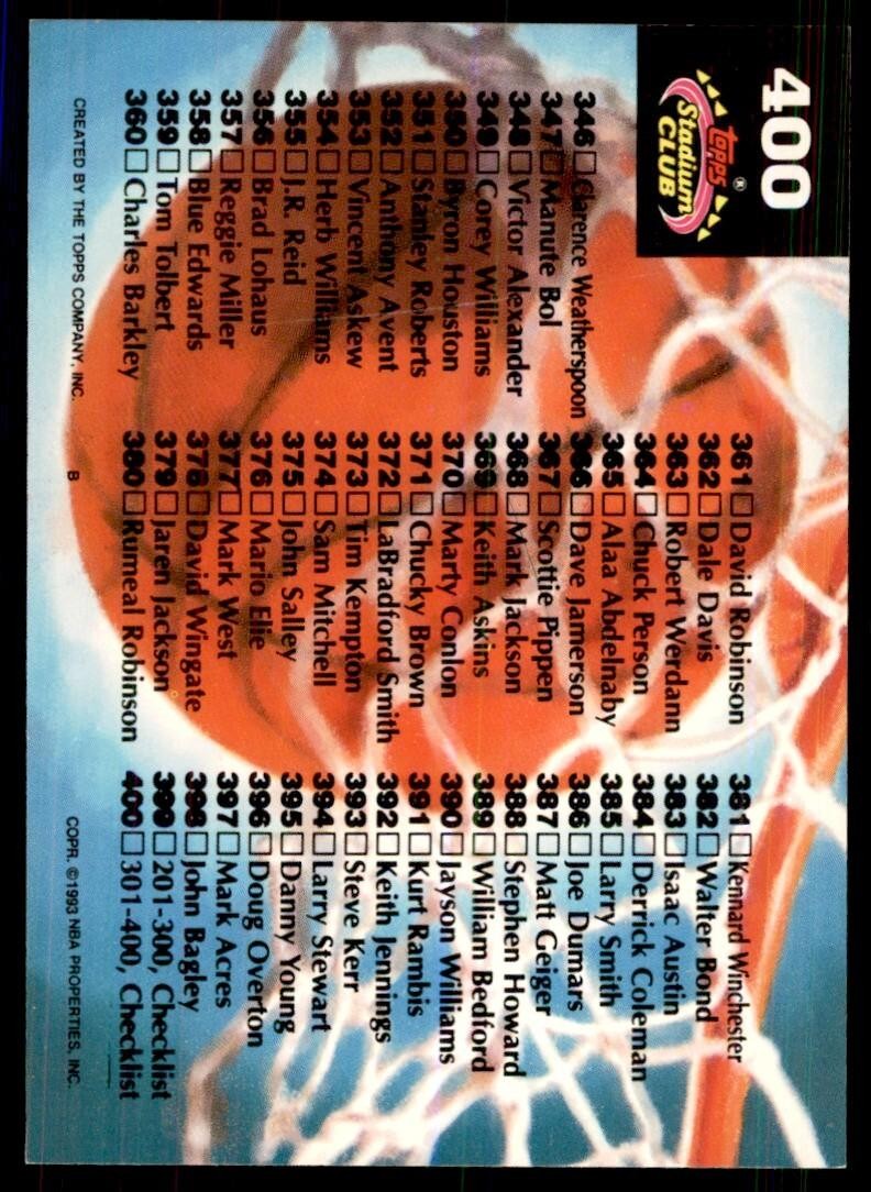 1992-93 Stadium Club Checklist 301-400 Basketball Cards #400