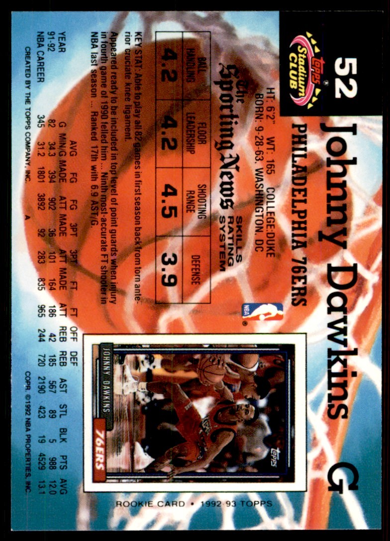 1992-93 Stadium Club Johnny Dawkins Philadelphia 76ers #52