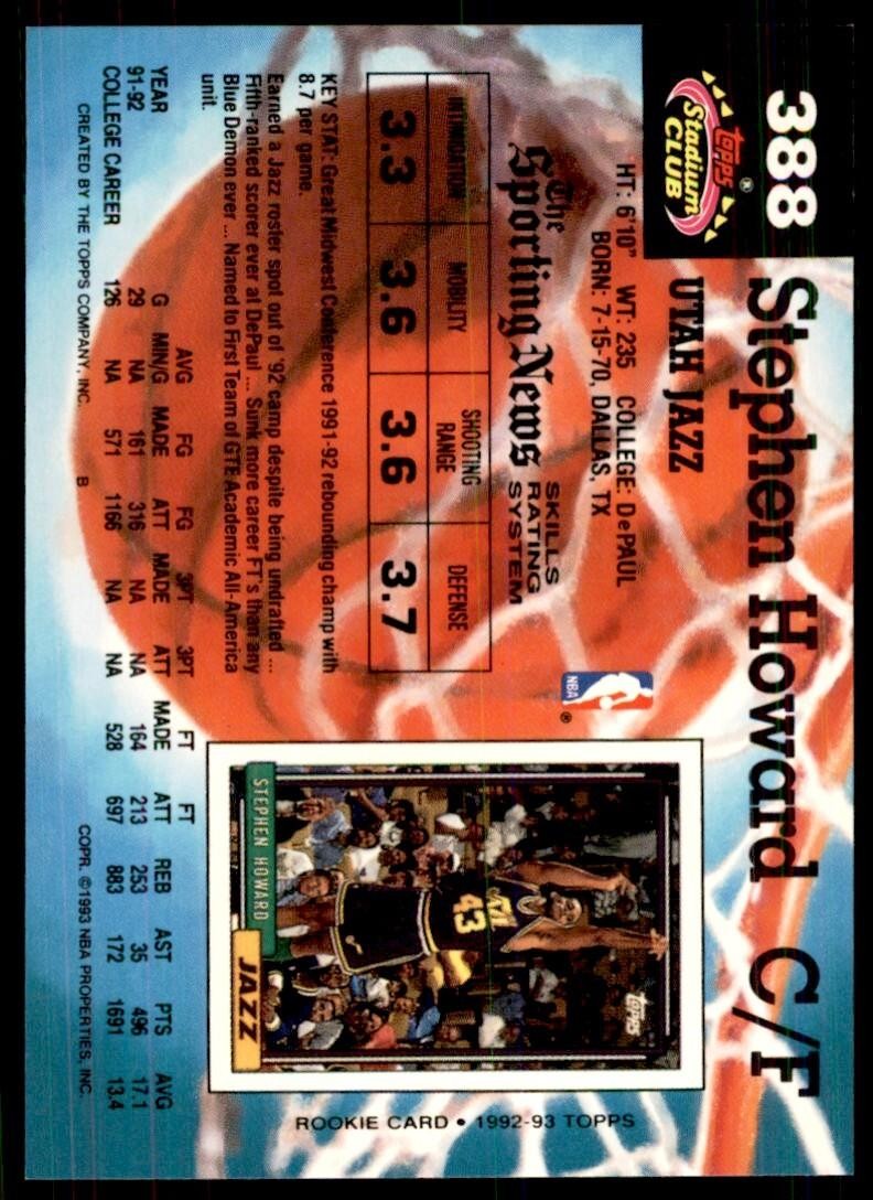 1992-93 Stadium Club Stephen Howard Basketball Cards #388