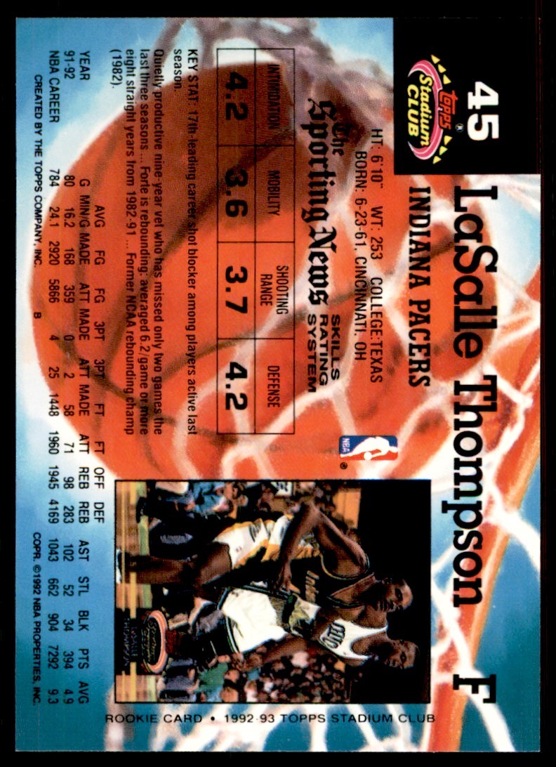 1992-93 Stadium Club LaSalle Thompson Indiana Pacers #45