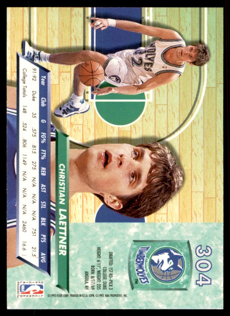 1992-93 Fleer Ultra Christian Laettner Minnesota Timberwolves #304