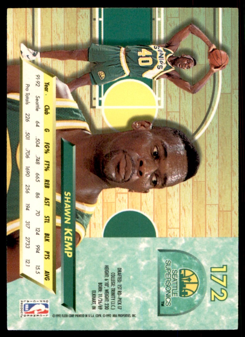 1992-93 Fleer Ultra. Shawn Kemp Seattle SuperSonics #172