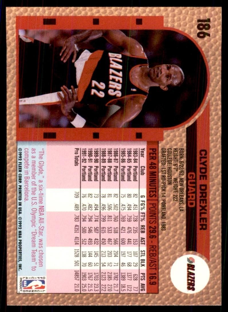 1992-93 Fleer Clyde Drexler Basketball Cards #186
