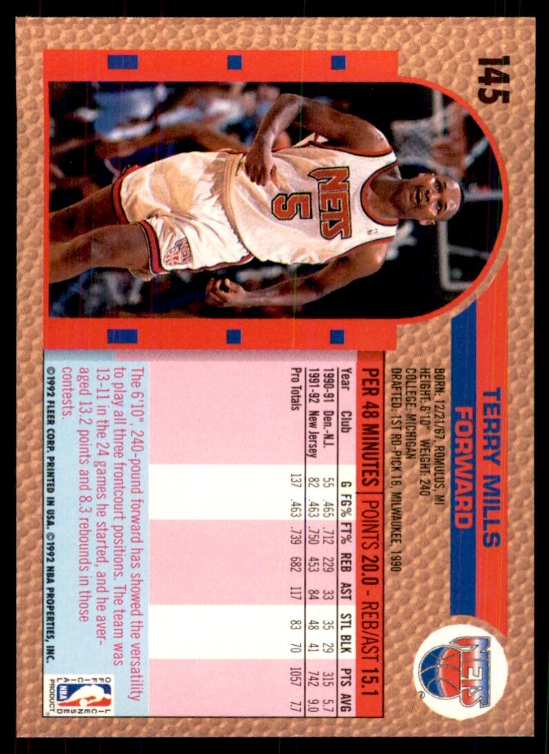 1992-93 Fleer Terry Mills Basketball Cards #145